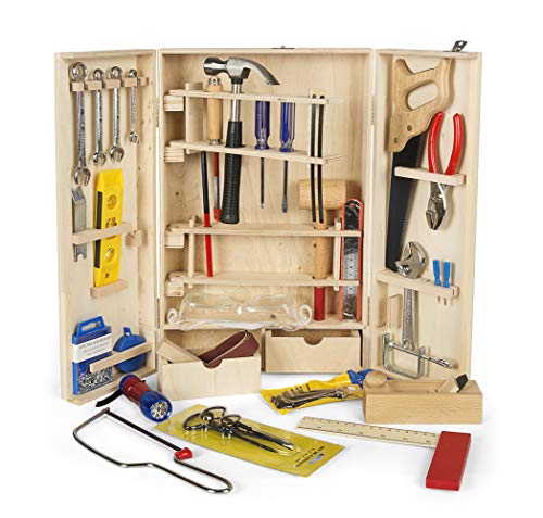 Leomark Deluxe Holz Werkzeug für Kinder - 50-TLG - Werkzeugkasten, Kompakter Werkzeugkoffer, Holzschrank mit Zubehör, Holzkiste mit Metallzubehör