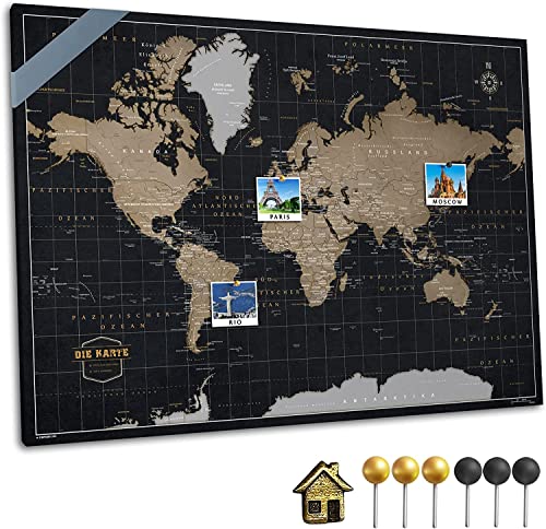 Canvas Weltkarte mit Pinnwand Kork zum Pinnen der Reiseziele - Wanddeko für Jeden Raum - Hochwertige Leinwand Bilder mit World Map in Verschiedenen Größen (150x100 cm, Entwurf 8)