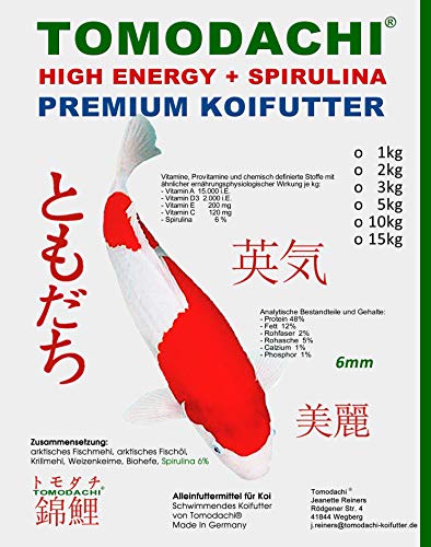 Koifutter, Energiefutter für Koi mit Spirulina - Spitzenfutter für Koi, Tomodachi Premium Koi High Energy Schwimmfutter mit Spirulina 5kg, 6mm Koipellets