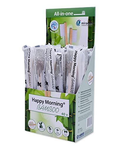miradent Happy Morning® Bamboo Reisezahnbürste Gästezahnbürste | 40 Stück | hygienisch einzeln verpackt | 100% biologisch abbaubar inkl. Folie | Borsten mit xylithaltiger Zahnpasta imprägniert