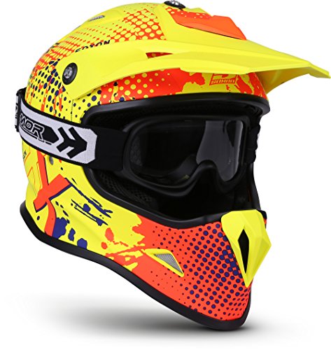 SOXON® SKC-33 Set „Fusion Neon“ · Kinder Cross-Helm · Motorrad-Helm MX Cross-Helm MTB BMX Cross-Bike Downhill Off-Road Enduro-Helm · ECE 22.05 Schnellverschluss SlimShell Tasche S (53-54cm)