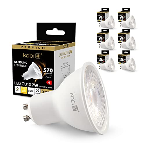 KOBI Glühbirne Led | GU10 | 7W | 570lm | 3000K | 230V | Warmweiß | 100 Grad Abstrahlwinkel | Spot Strahler Lampe | Leuchtmittel Einbauspot Birne | Led Samsung | Energieklasse G | 6er Pack