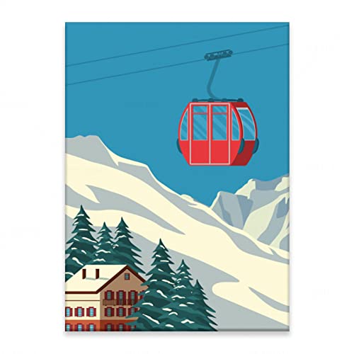 Kuingbhn Winter Mountain Ski Resort Leinwand Gemälde Rote Gondel Seilbahn Landschaft Heimdekoration Wandposter Nachttisch Hintergrundbild 70x100cm Rahmenlos