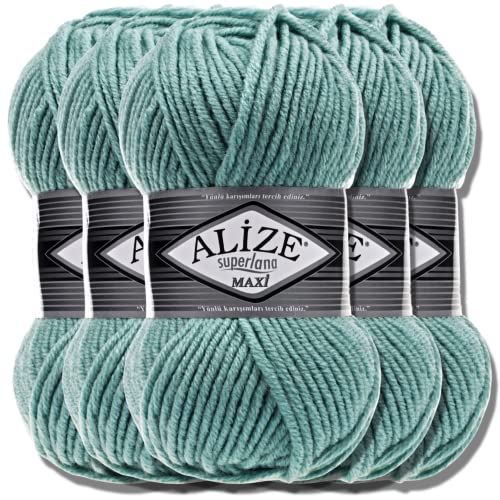 Alize 5 x 100g Superlana Maxi Türkische Premium Wolle Baumwolle und Acryl Uni Handstrickgarne | Yarn | Garn | Strickgarn Einfarbig Baby zum Häkeln Stricken Kleidung Schals (Light Aqua | 463)