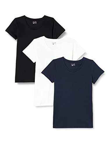 berydale Damen T-Shirt mit Rundhalsausschnitt aus 100% Baumwolle, Schwarz/ Dunkelblau/ Weiß (3er Pack), XS