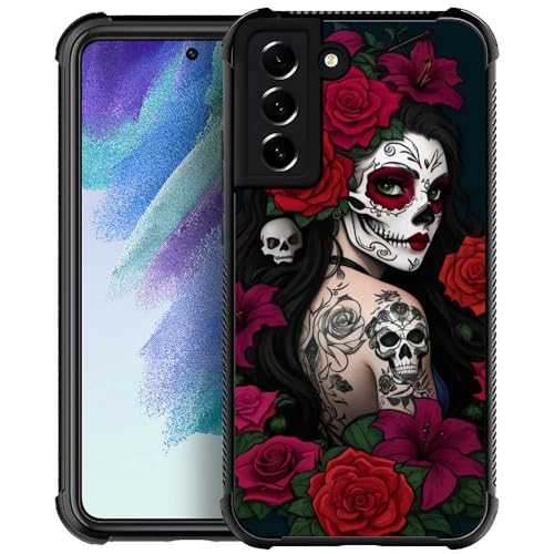 Goodsprout Kompatibel mit Samsung Galaxy S21 FE Hülle, Lady Rose Skull Amazing Pattern Design Shockproof Anti-Scratch Hard PC Back Case for Samsung Galaxy S21 FE Case