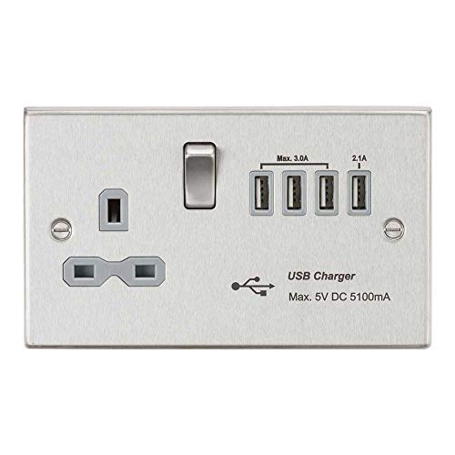 Knightsbridge CS7USB4BCG Schaltsteckdose mit 5,1 A Quad-USB-Ladegerät, 13 A, gebürstetes Chrom mit grauem Einsatz