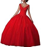 Carnivalprom Damen V-Ausschnitt Quinceanera Kleider Mit Spitze Abendkleider Lang Hochzeitskleider Elegant Ballkleid(Rot,44)