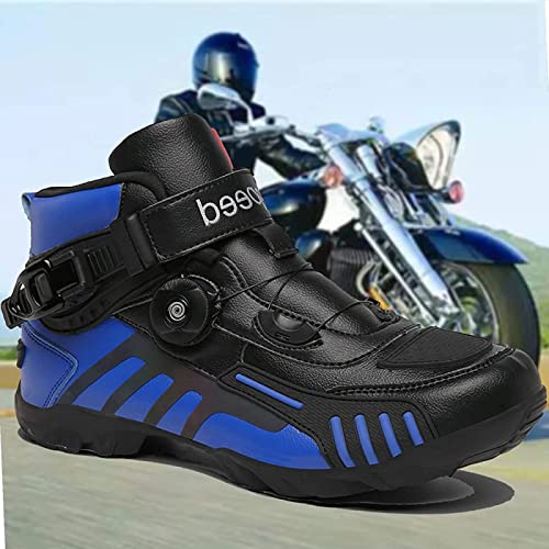 GFHTH Motorradstiefel für Herren wasserdichte Motorrad-Rennstiefel mit kurzem Knöchel für Herren-Lederschutzschuhe,Blue-43EU