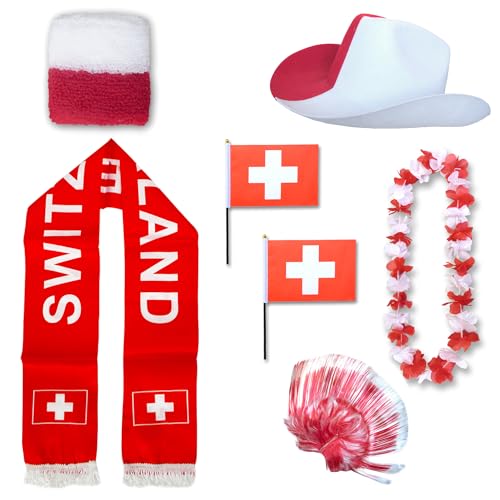 Sonia Originelli Fan-Paket Schweiz Switzerland WM EM Fußball Schal Hawaiikette Hut Schweissband Fahne Perücke