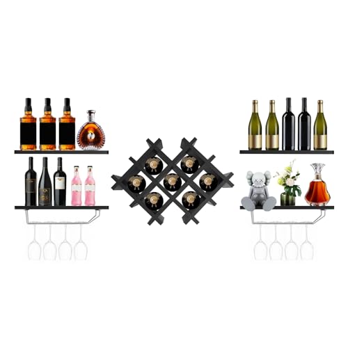 NaMaSyo Weinregal Wandhalterung 5-TLG Weinregal aus rustikalem Holz Flaschenregal Hängend Multi funktionaler Weinpareite Display Rack Getränkeständer für Home Bar Dining Room Kitchenkitchen