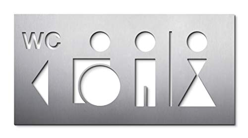PHOS Design, PS0212, WC-Symbolschild mit Rollstuhlfahrer, 16 x 32 cm, Mann und Frau mit Richtungs-Pfeil nach links, Edelstahl matt, selbstklebend, ohne Bohren, Toiletten Wegweiser, Made in Germany