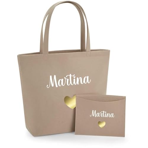 AWASG Filztasche Damen-Tasche mit kleinem Etui - Bedruckt und Personalisiert mit Herz Name - Shopper Geschenk für Sie (sand)