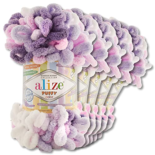 Wohnkult Alize 5x100 g Puffy Color Premium Wolle 26 Farbkombinationen Chenille Handarbeit Stricken und Häkeln ohne Hilfsmittel Smart Yarn (6305)
