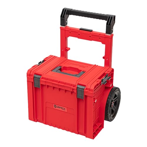 Qbrick System Pro Red Ultra HD Werkzeugkoffer Rollbar Werkzeugtrolley Werkzeugkasten Werkzeugbox aus Kunstoff Werkzeugkiste auf Rädern mit Klemmverschlüssen Rollende Werkstatt Rot 49 x 41,5 x 66 cm