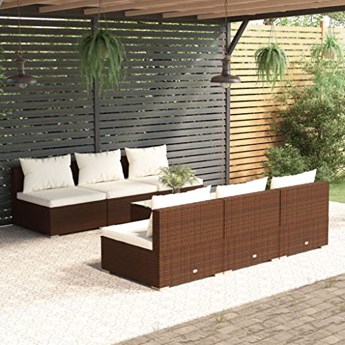 Möbel, Gartenmöbel, Outdoor-Möbel-Set, 7-teiliges Garten-Lounge-Set mit Kissen, Poly-Rattan, Braun