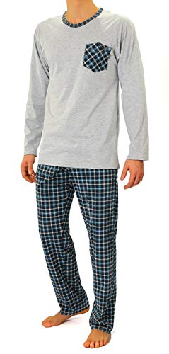sesto senso Herren Schlafanzug Lang Pyjama 100% Baumwolle Langarm Shirt mit Tasche Pyjamahose Zweiteilig Set Nachtwäsche Grau Kariert Blau Türkis 3XL 04 TURKUS