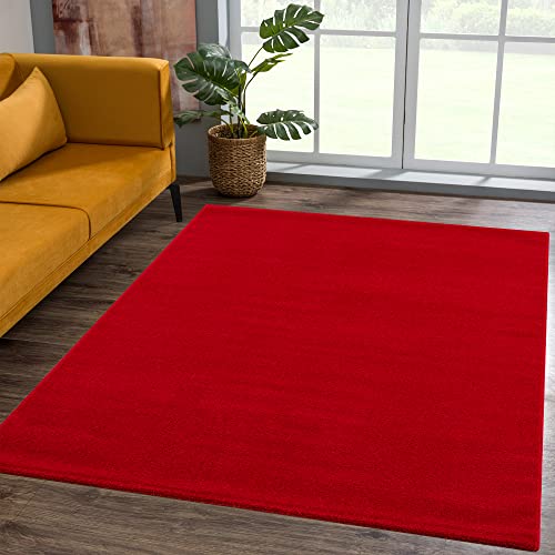 SANAT Kurzflor Teppich Wohnzimmer - Uni Modern Teppiche fürs Schlafzimmer, Arbeitszimmer, Büro, Flur, Kinderzimmer und Küche - Rot, 80 x 200 cm