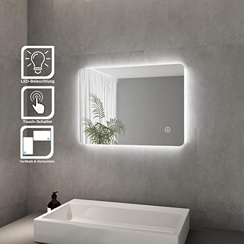 Elegant Spiegel mit Beleuchtung Lichtspiegel LED Badspiegel 70 x 50 cm kaltweiß IP44 Badezimmer Wandspiegel mit Touch-Schalter Energiesparend LED Badezimmerspiegel