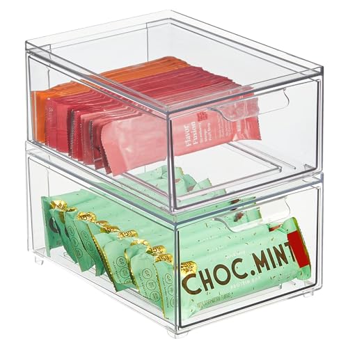 mDesign Schubladenbox – Stapelbox aus Kunststoff für Küchen- und Kühlschrank – Küchen Organizer für Snacks, Nudeln, Gemüse etc. – 2er-Set – durchsichtig