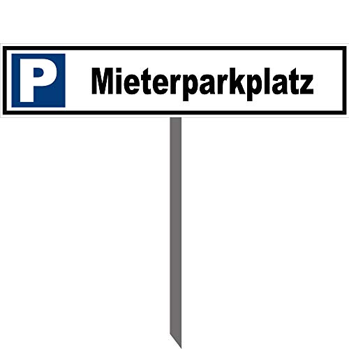 Kleberio® Parkplatz Schild 52 x 11 cm - Mieterparkplatz - mit Einschlagpfosten 0,75 Meter (75cm) und Montagematerial stabile Aluminiumverbundplatte