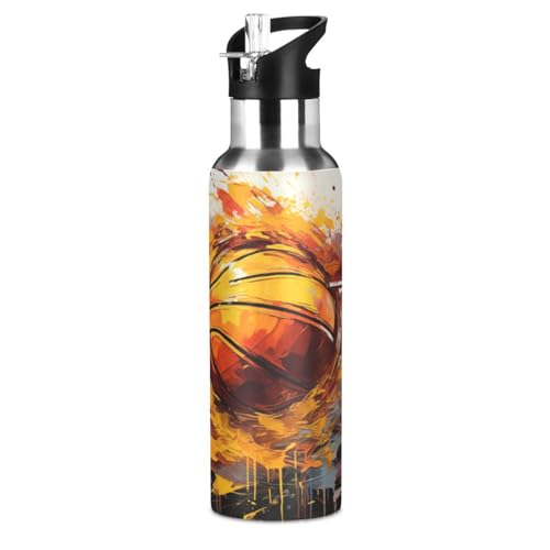 Basketballball Im Europäischen Stil Trinkflasche Wasserflasche mit Strohhalm für Sport, 600ML Thermosflasche BPA-frei Isolierflasche Edelstahl 18/8 für Kinder Wandern Schule
