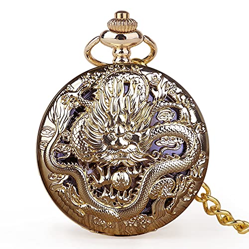 BADALO All Gold Dragon Mechanische Taschenuhren Double Open Skeleton Retro Male Clock mit Handaufzug und Anhänger Fob Chain