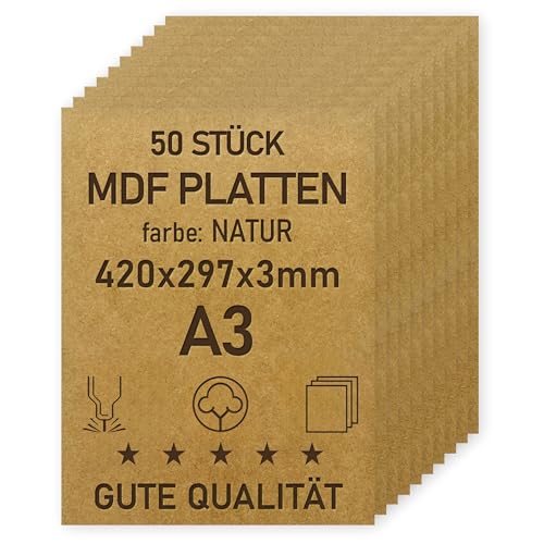 woodmanucom A3 MDF Platten | 420 x 297 x 3 mm | Bastelplatte Dünne Holz-Platten | Perfekt für Laser, CNC Router, Laubsäge, Modellierung (50 Stück natürlich)