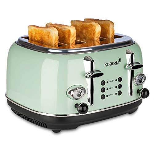 Korona 21675 Toaster | 4 Scheiben | Mint | Röstgrad-Anzeige | auftauen, rösten, aufwärmen | 1630 Watt | Brötchen-Aufsatz | Krümel-Schublade | Brotscheiben-Zentrierung