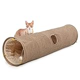 CanadianCat Company | XXL Spieltunnel für Katzen mit Kuschelfell | beige | ca. 35 x 150 cm - Variable Form, integriertes Katzenspielzeug