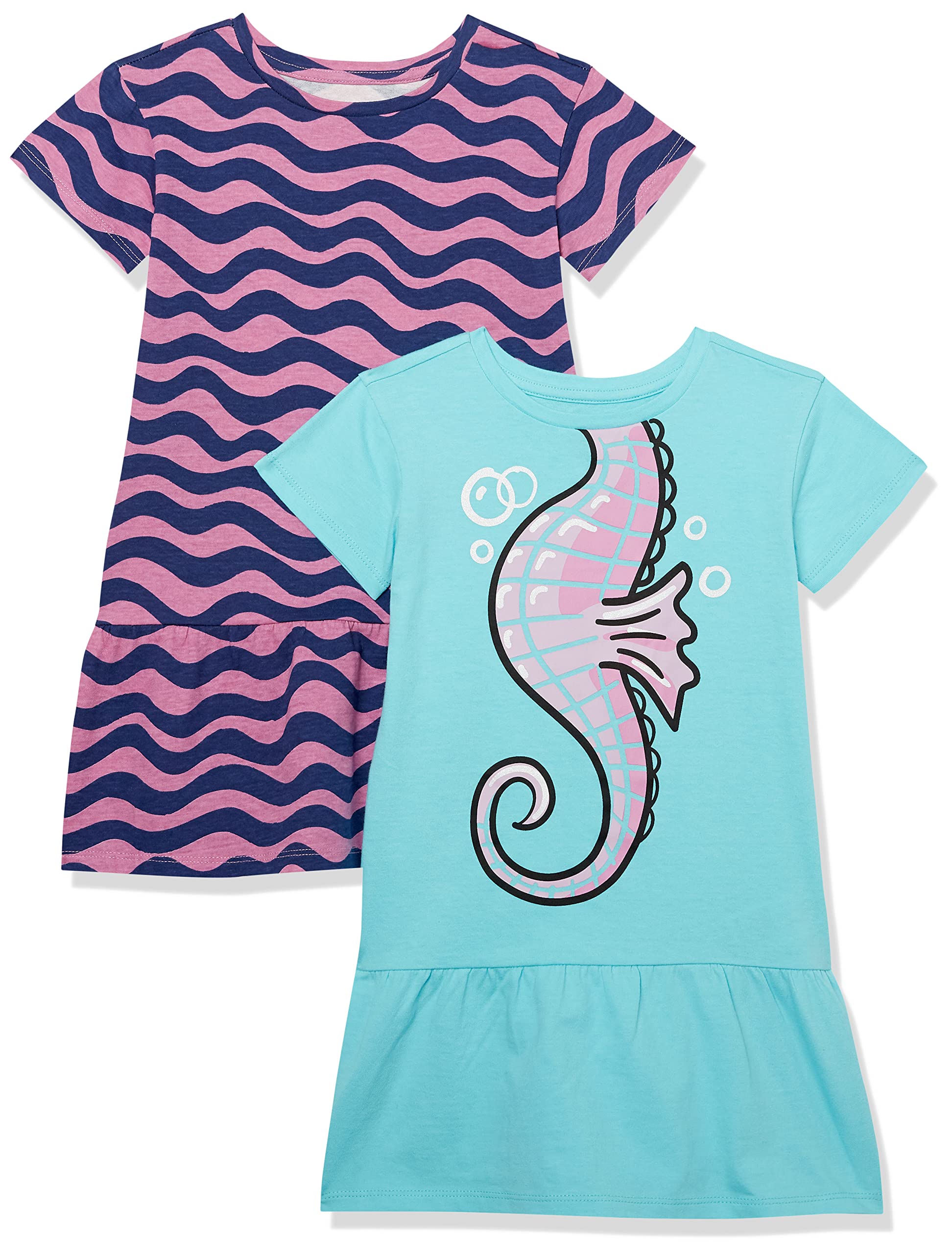 Spotted Zebra Mädchen T-Shirt-Strickkleider mit kurzen Ärmeln und lockerer Passform, 2er-Pack, Wellenlinien/Seepferdchen, 4 Jahre