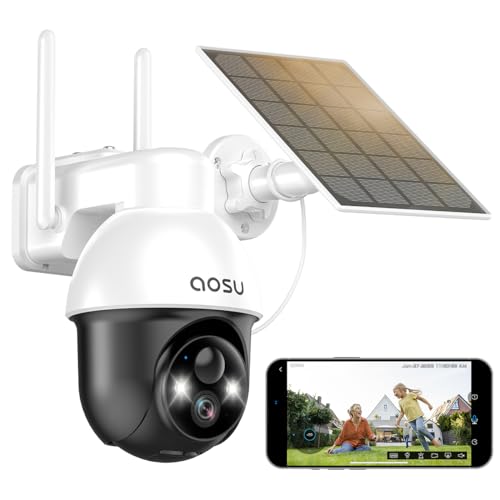 AOSU Überwachungskamera Aussen mit Solarpanel, Panorama-PTZ, Automatischer Personenverfolgung, 2K-Nachtsicht, Licht- und Tonalarm, 2-Wege-Audio, kompatibel mit Alexa/Google Assistant