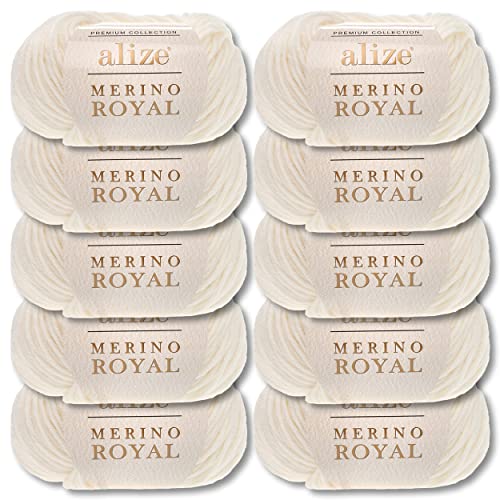 Wohnkult Alize 10x50 g Merino Royal 100% Merinowolle 9 Farben zur Auswahl Superwash Wolle Warmer (62 | Creme)