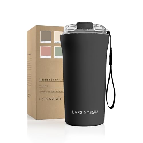 LARS NYSØM Thermo Kaffeebecher-to-go mit Trageschlaufe & Tritan Deckel | BPA-freier Travel Mug 0,5 Liter mit Isolierung | Auslaufsicherer Edelstahl Thermobecher für Café & Tee (Onyx Black, 500ml)