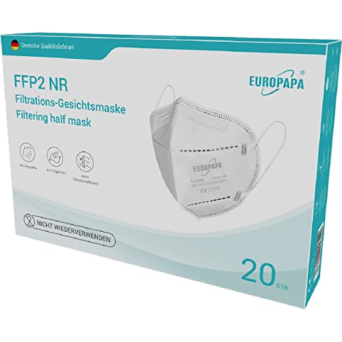 EUROPAPA® 200x FFP2 Weiss Maske 5-Lagen Mundschutzmaske Stelle zertifiziert Atemschutzmasken hygienische Einzelverpackung EU 2016/425