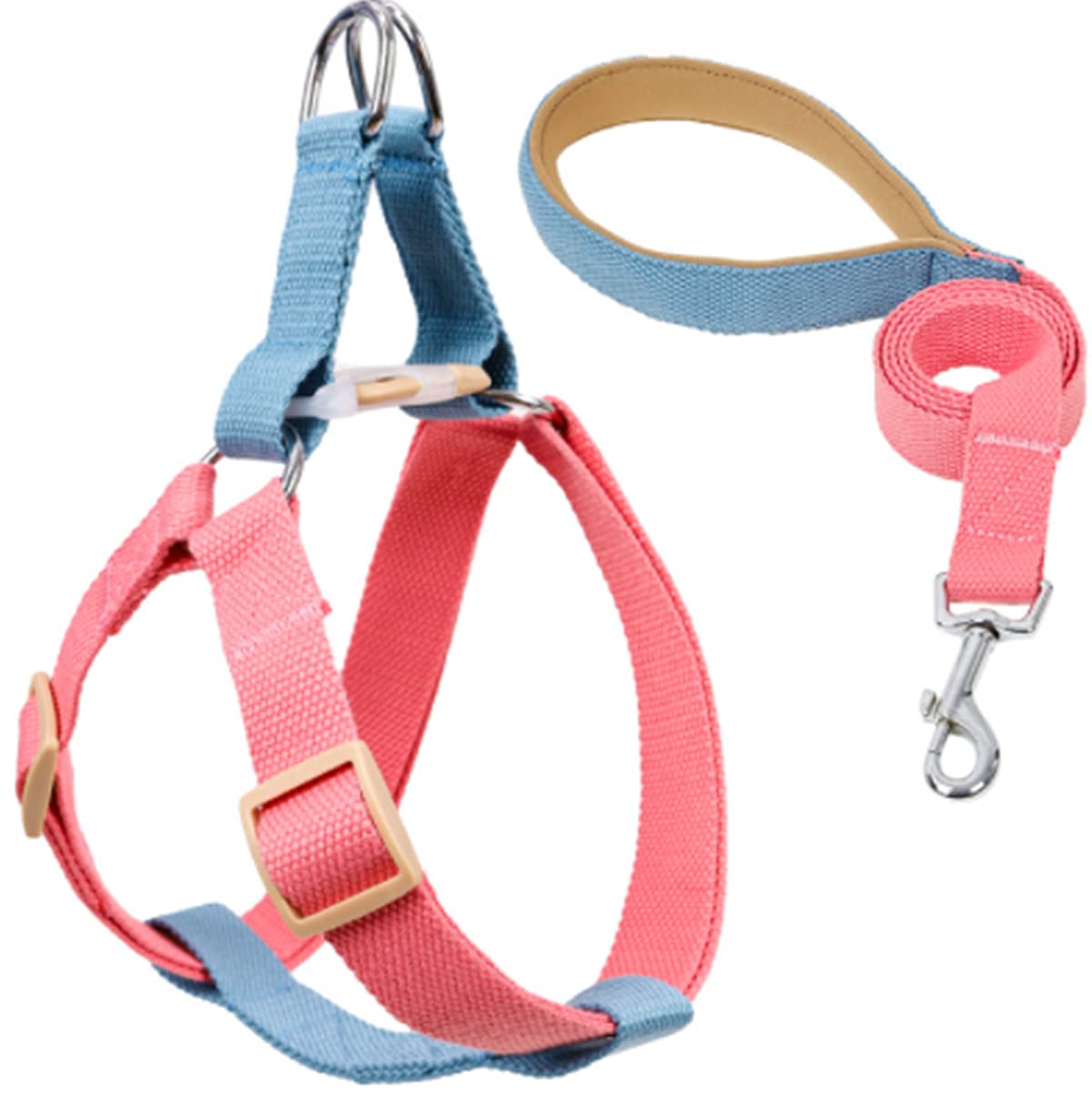 Hundegeschirr mit Leine, Verstellbare Heavy Duty No Pull Halfter Harness Har mit starkem Griff für kleine Welpen/Hunde (Pink Blau, L)