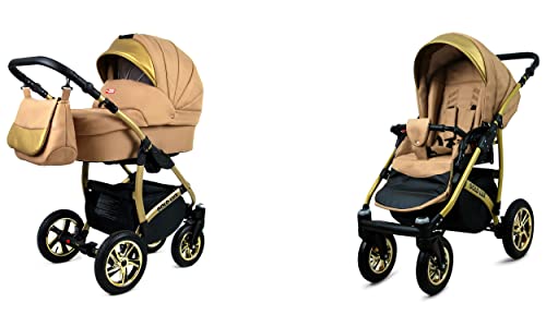 BabyLux Gold Lux 2-in-1 Baby Kinderwagen Tief und Kinderwagen mit Zubehör Verstellbar und faltbar Aluminium Konstruktion Wasserdicht Nicht abnehmbare Räder Sand Pearl Gold Frame