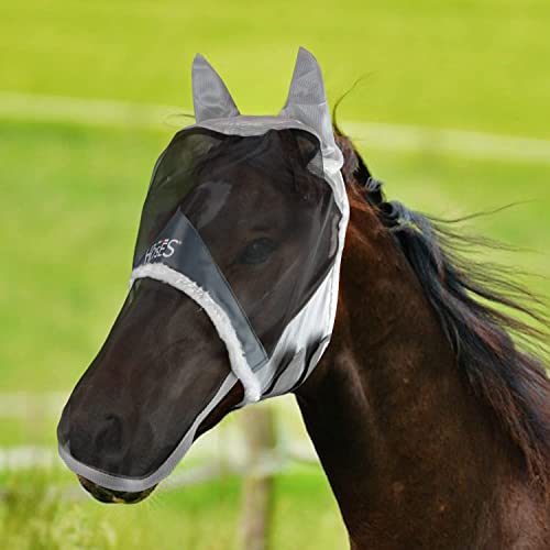 Horses, Fliegenohren Fly Shield Plus, Leichte und Atmungsaktive Fliegenmaske, Behindert Nicht das Sichtfeld des Pferdes, Augen und Gehörschutz (M, Grau)