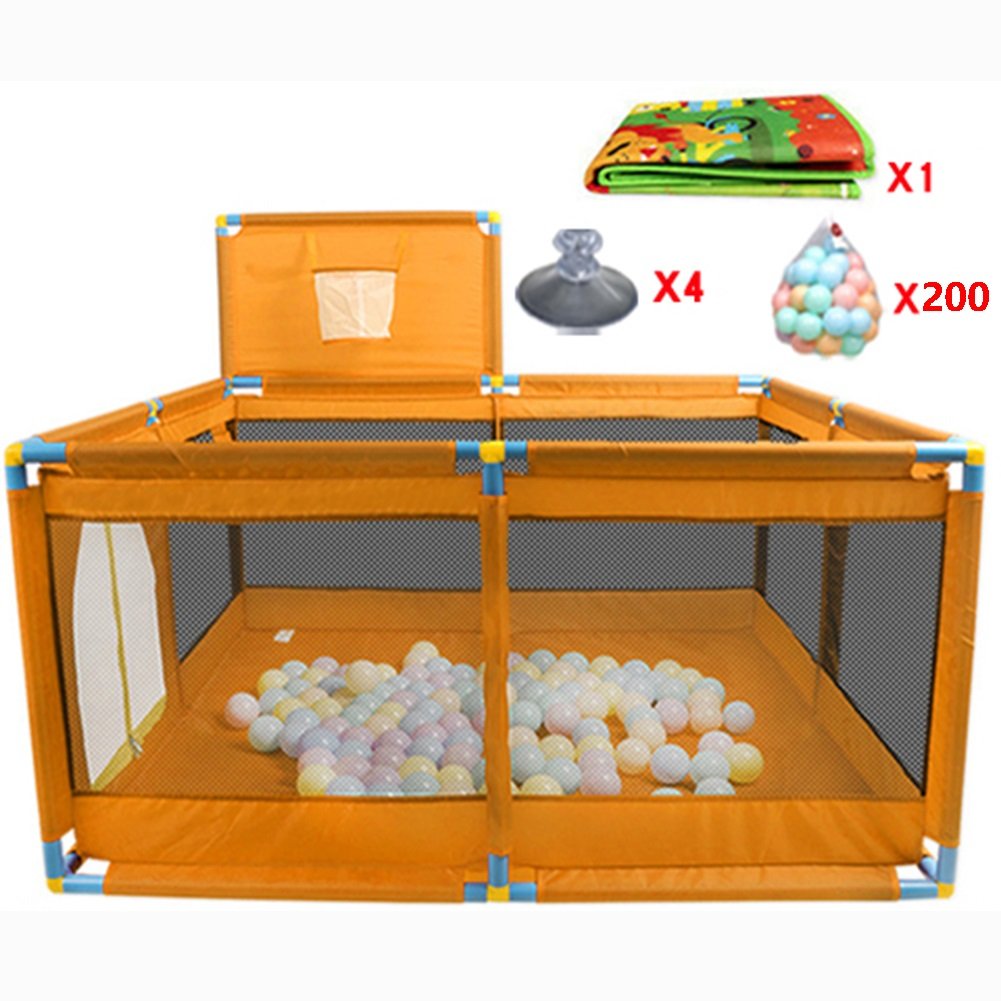 Tragbare Baby Laufgitter 8 Panel mit Basketballkorb und Bälle Mat Kind Jungen Mädchen Spielen Pen Raumteiler Oxford Tuch, Orange (Farbe : 200 Balls)