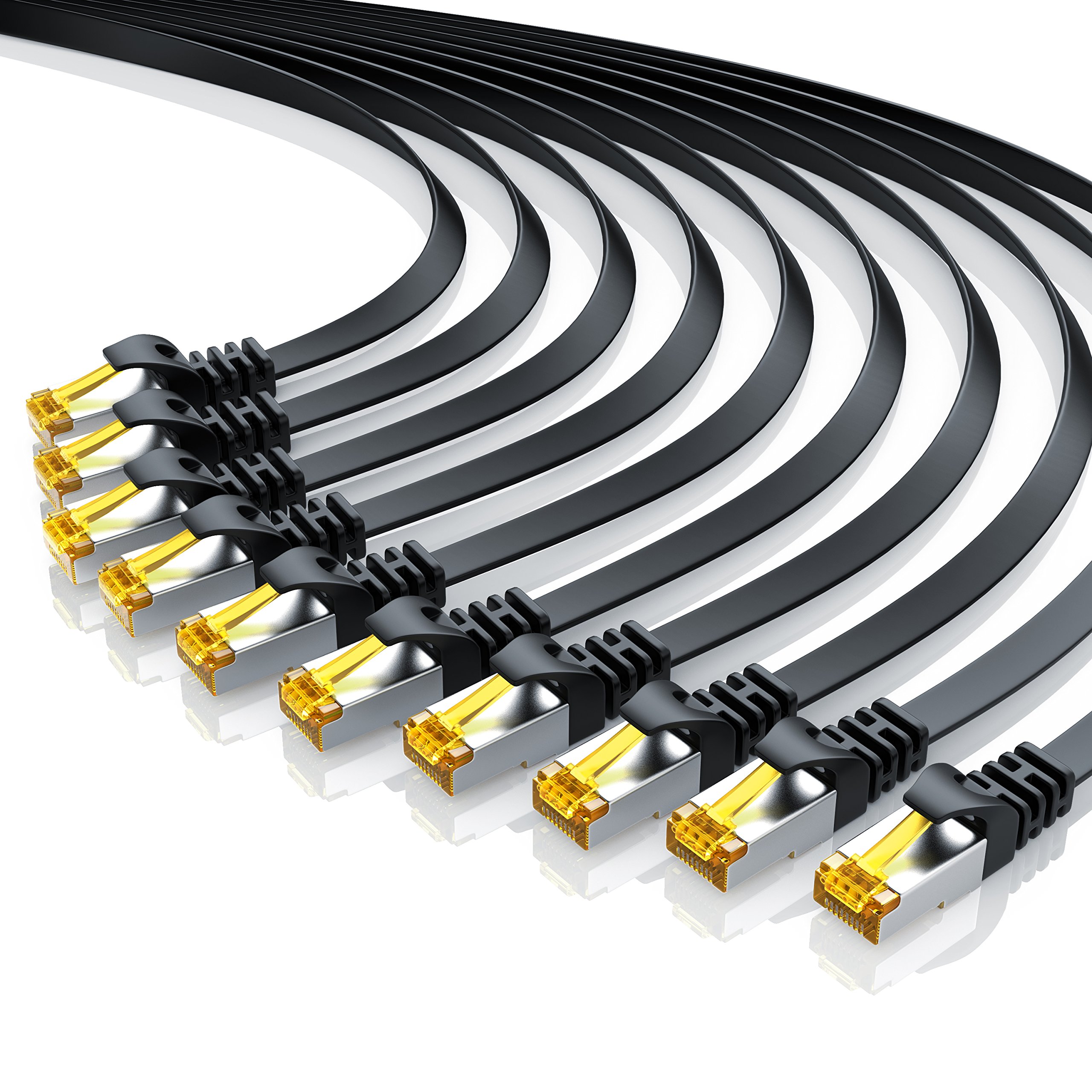 CSL - 10 x 1m - CAT.7 Gigabit Ethernet LAN Flachband Netzwerkkabel - Flachbandkabel Verlegekabel RJ45-10 100 1000 Mbit/s Patchkabel kompatibel zu CAT.5 CAT.5e CAT.6 - schwarz