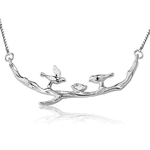 Lotus Fun S925 Sterling Silber Halskette Lebhaft Vogel auf Zweig Halskette Kreativ Handgemachter Einzigartiger Schmuck für Frauen und Mädchen (Silber)