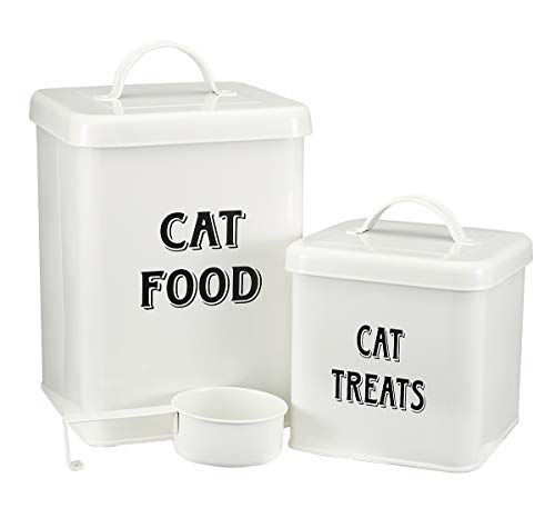 Pethiy Katzenfutter und Katzenleckerli behälter Set mit Schaufel –Beschichteter Kohlenstoffstahl – dicht schließende Deckel – Vorratsdose für Katzen trockenfutter-Weiß