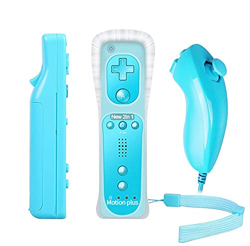 Controller für Nintendo Wii, PowerLead Motion Plus Remote Controller für Nintendo Wii und Wii U Konsole, Eingebauter Motion Plus Remote und Nunchuck Controller mit Silicon Case, Blau