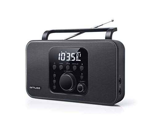 Muse M-091 R Tragbares Radio (UKW/MW) mit Senderspeicher, Uhr- und Weckfunktion, Netz- und Batteriebetrieb, AUX-Eingang, Kopfhörer-Anschluss, schwarz