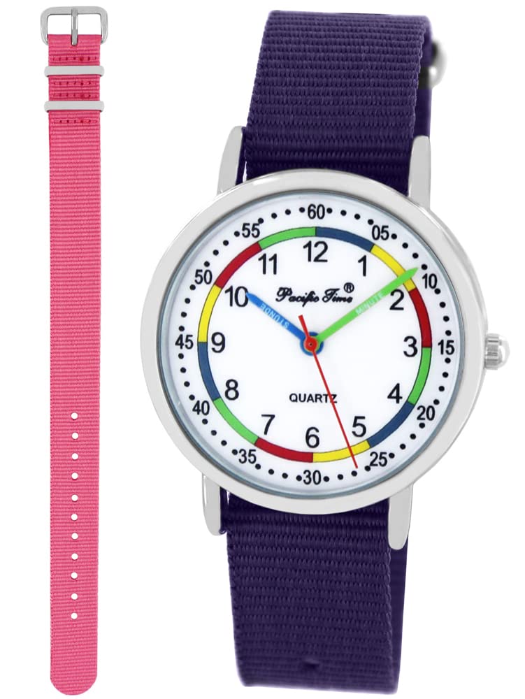 Pacific Time Lernuhr Mädchen Jungen Kinder Armbanduhr 2 Armband violett + rosa analog Quarz 10012