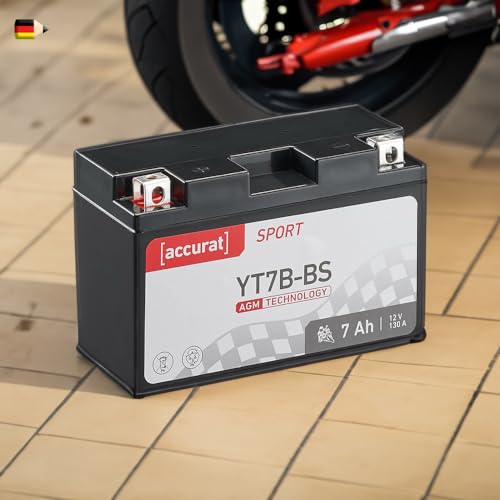 Accurat Motorradbatterie YT7B-BS 7Ah 130A 12V AGM Starterbatterie in Erstausrüsterqualität rüttelfest leistungsstark wartungsfrei