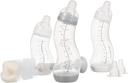 Difrax Babyflaschen Set 0-6 Monate – Trinkflasche Baby Neugeborene – Anti Kolik - Gute Akzeptanz - 1x 170ml - 2x 250ml - 2x Silikon Flaschensauger - 1x Flaschenbürste - Weiß & Silber – 6-teilig