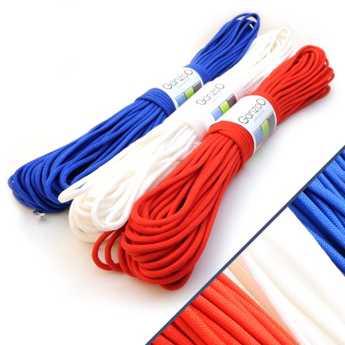 3er SET Universell einsetzbares Survival-Seil aus reißfestem "Parachute Cord" / "Paracord 550" (Kernmantel-Seil aus Nylon), 550lbs, Gesamtlänge 90 Meter (300 ft) Farbe: Frankreich (Blau, Weiß, Rot) - Marke Ganzoo