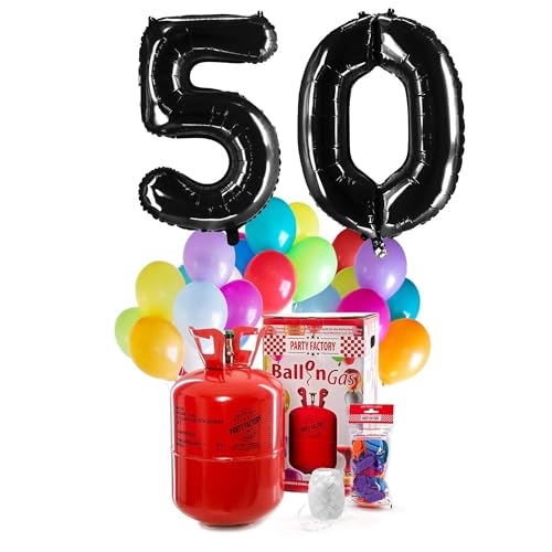PARTY FACTORY Helium Geburtstags-Komplettset "50" - mit XXL Zahlenballons, 0,4m³ Ballongas, Ballonschnur & 30 bunten Latexballons - für Geburtstag, Jubiläum, Jahrestag - versch. Farben (Schwarz)