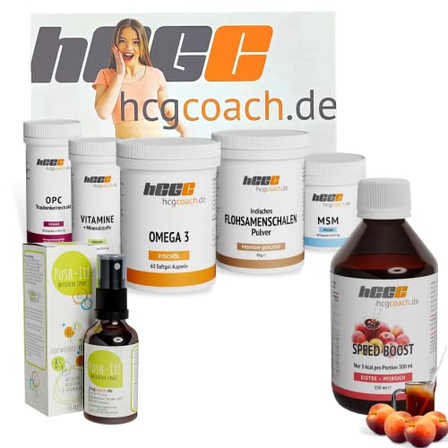 hCGC® Das Original Basispaket mit Push-it Aktivator Spray| Original SpeedBoost Getränkekonzentrat | 30 Tage Nahrungsergänzungen | 21 Tage Stoffwechselkur + 9 Tage geschenkt | (Eistee-Pfirsich)